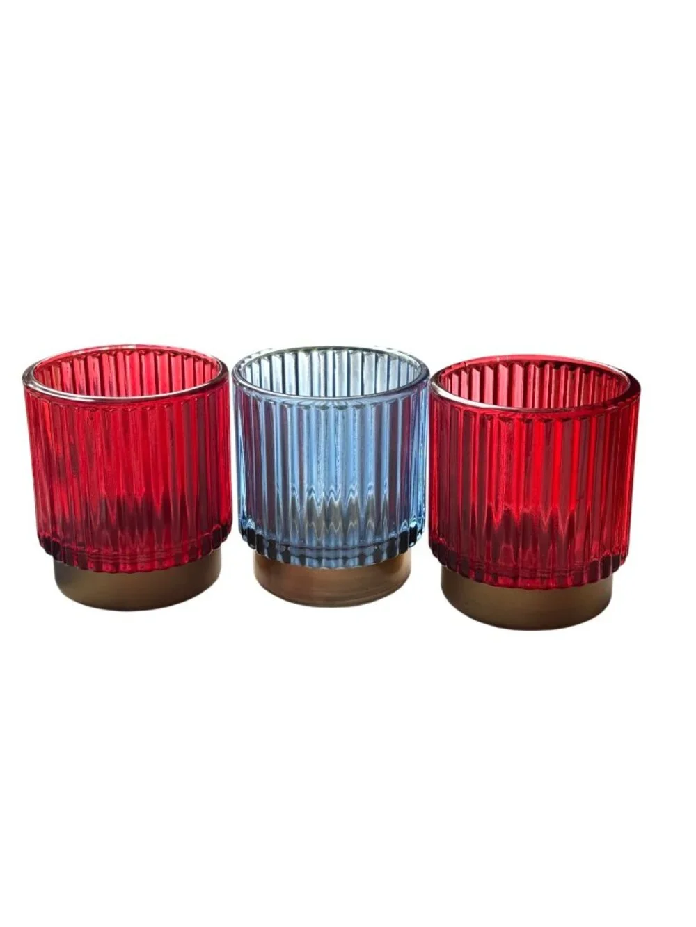 Set Of 3 Ribbed Glass Candle Holders With Gold Bases In Red & Blue